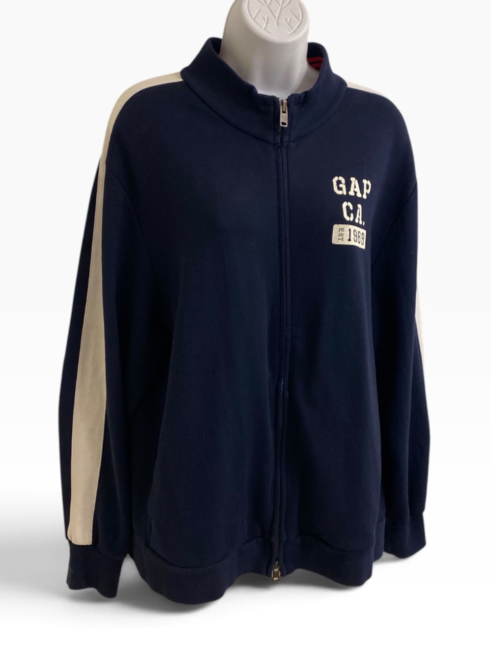 GAP MENS NAVY BLUE ZIP-UP BOMBER JACKET WITH CREAM STRIPE LOGO VARSITY ZIP UP XL